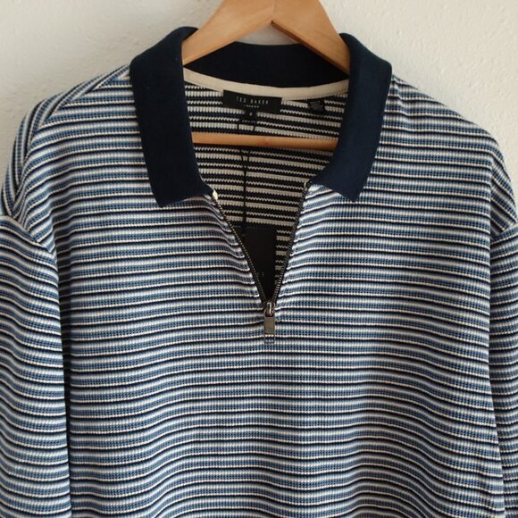 Ted Baker Polo Shirt Men's Size 2XL Ted Size 6 Blue Beer Textured Long Sleeve - Picture 3 of 9